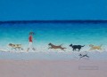 girl with running dogs at beach Child impressionism